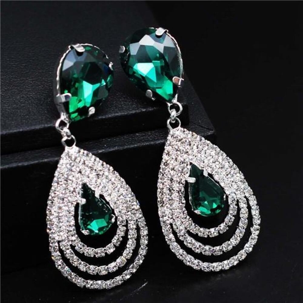 Emerald Green Dangle Earrings With Crystals Pierced Ears Bridesmaids Formal